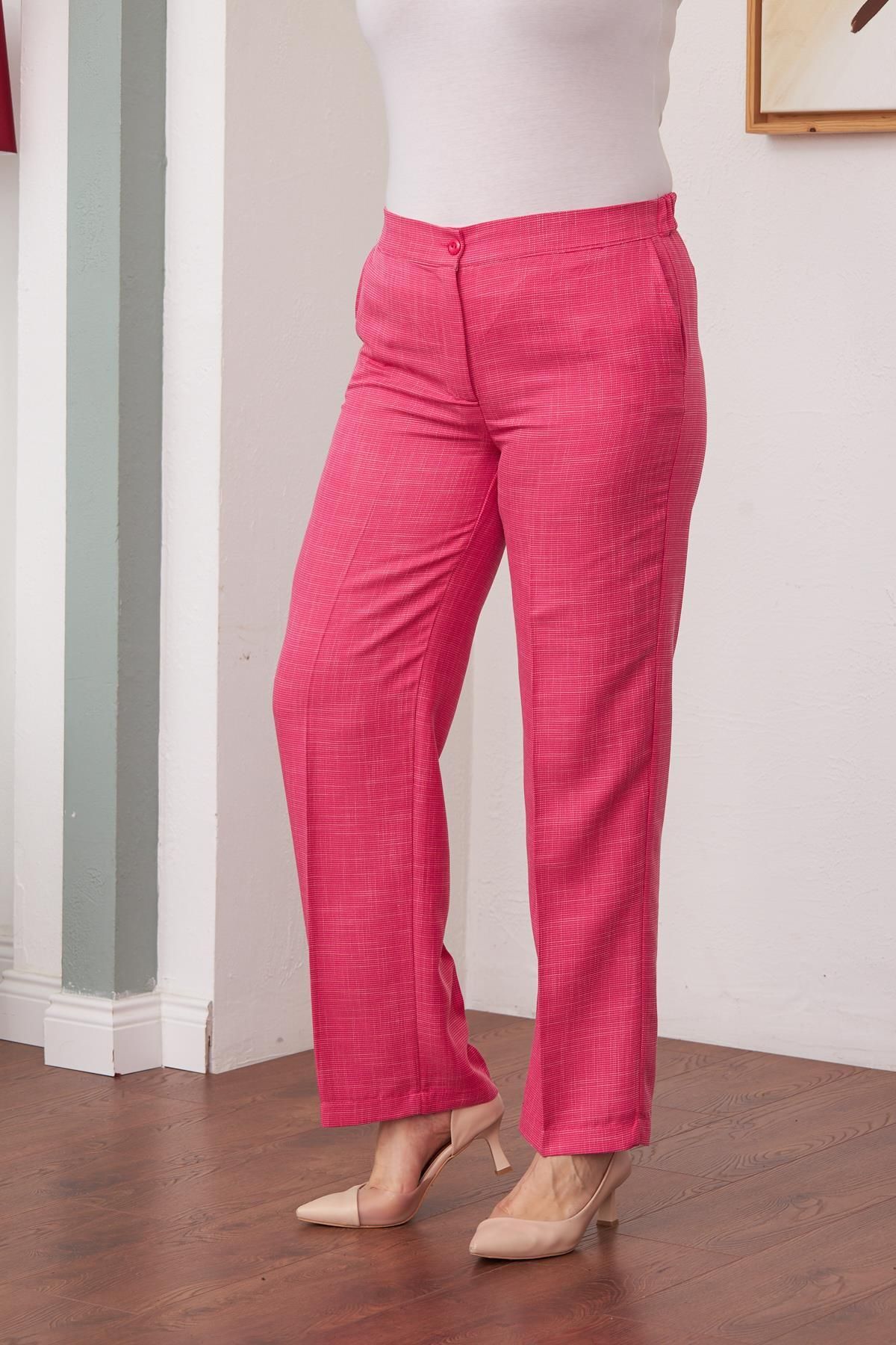 RMG-Wide Leg Plus Size Fuchsia Fabric Trousers with Elastic Waist 3