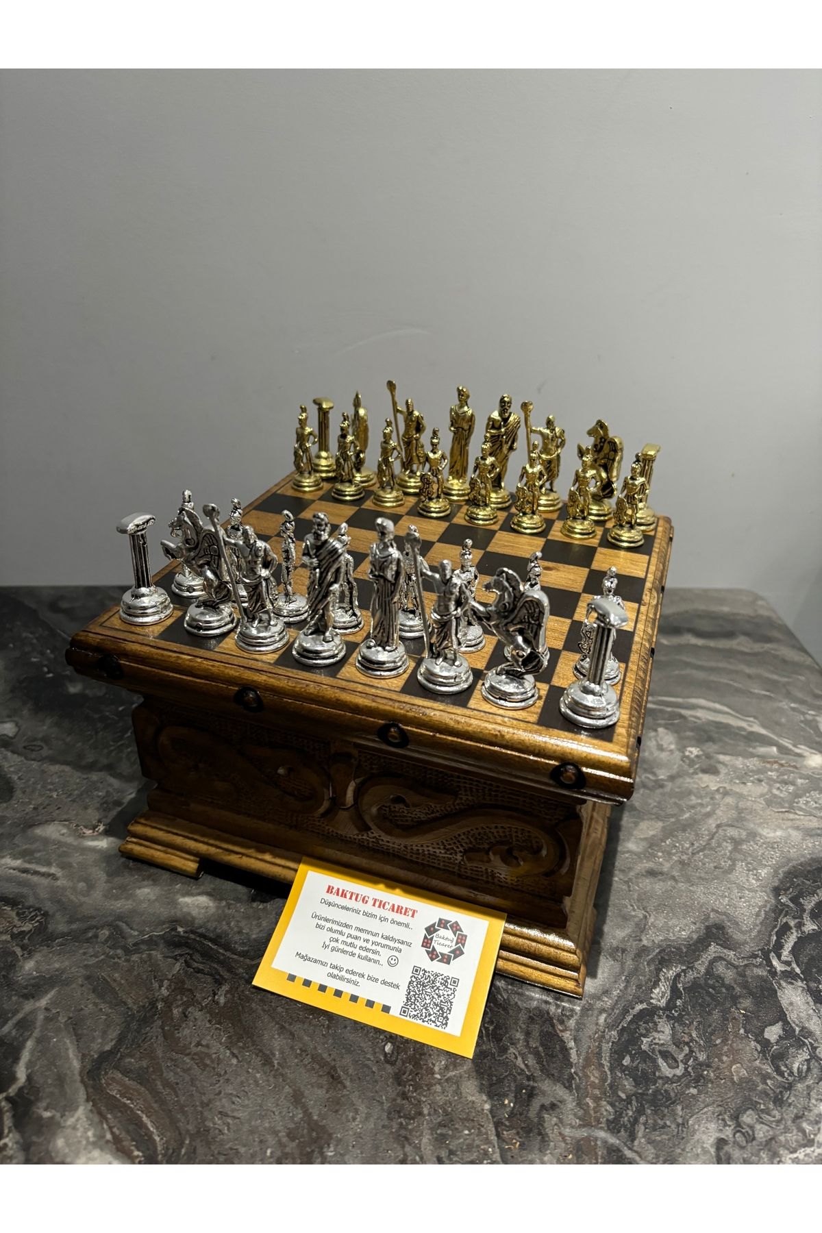 BAKTUĞ-Custom Made Chess Box with Lid 20x20 +Iron Cast Chess Set 2