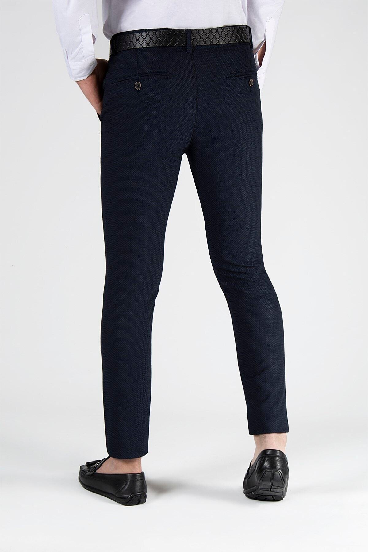 Erkek Slim Fit Nokta Dokulu Italyan Kesim Keten Pantolon  Koyu Lacivert — سرمه‌ای ADG-2200420-5 — تصویر 3 از 5