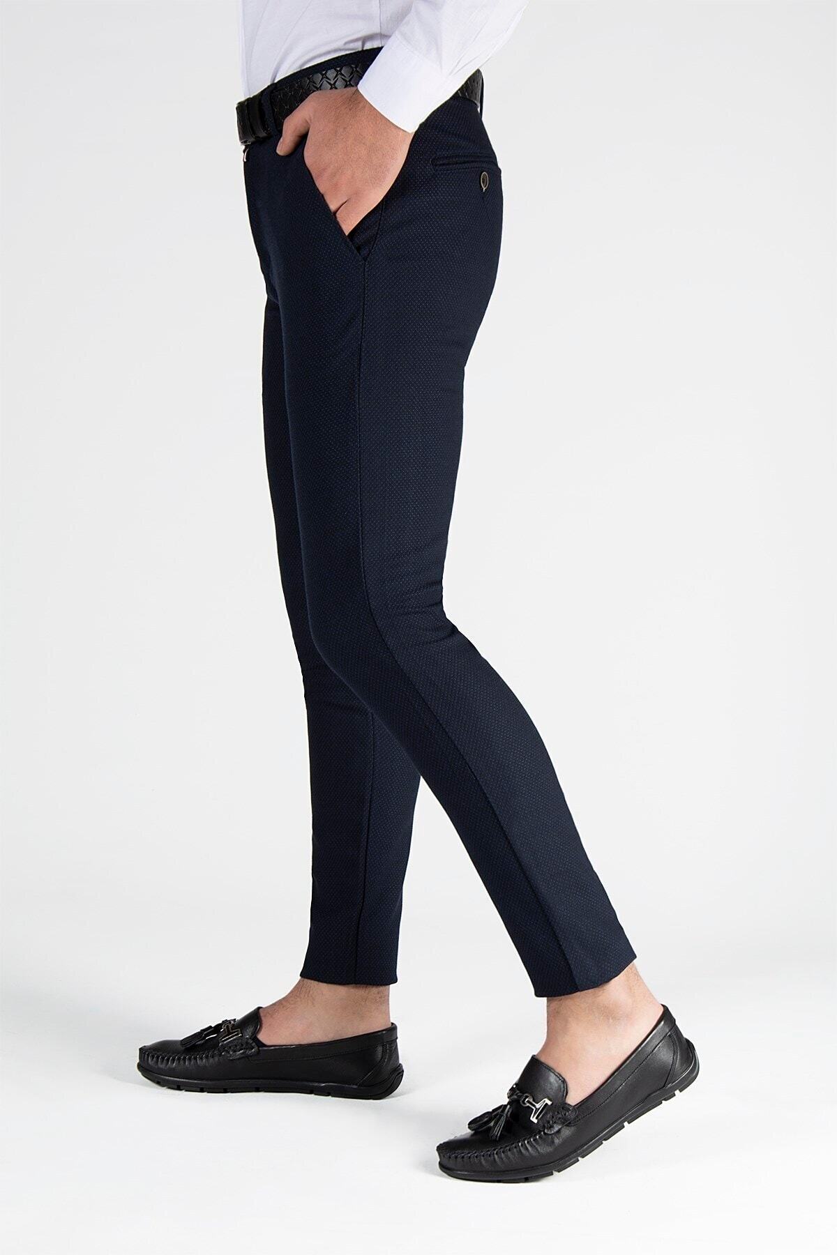 Erkek Slim Fit Nokta Dokulu Italyan Kesim Keten Pantolon  Koyu Lacivert — سرمه‌ای ADG-2200420-5 — تصویر 2 از 5