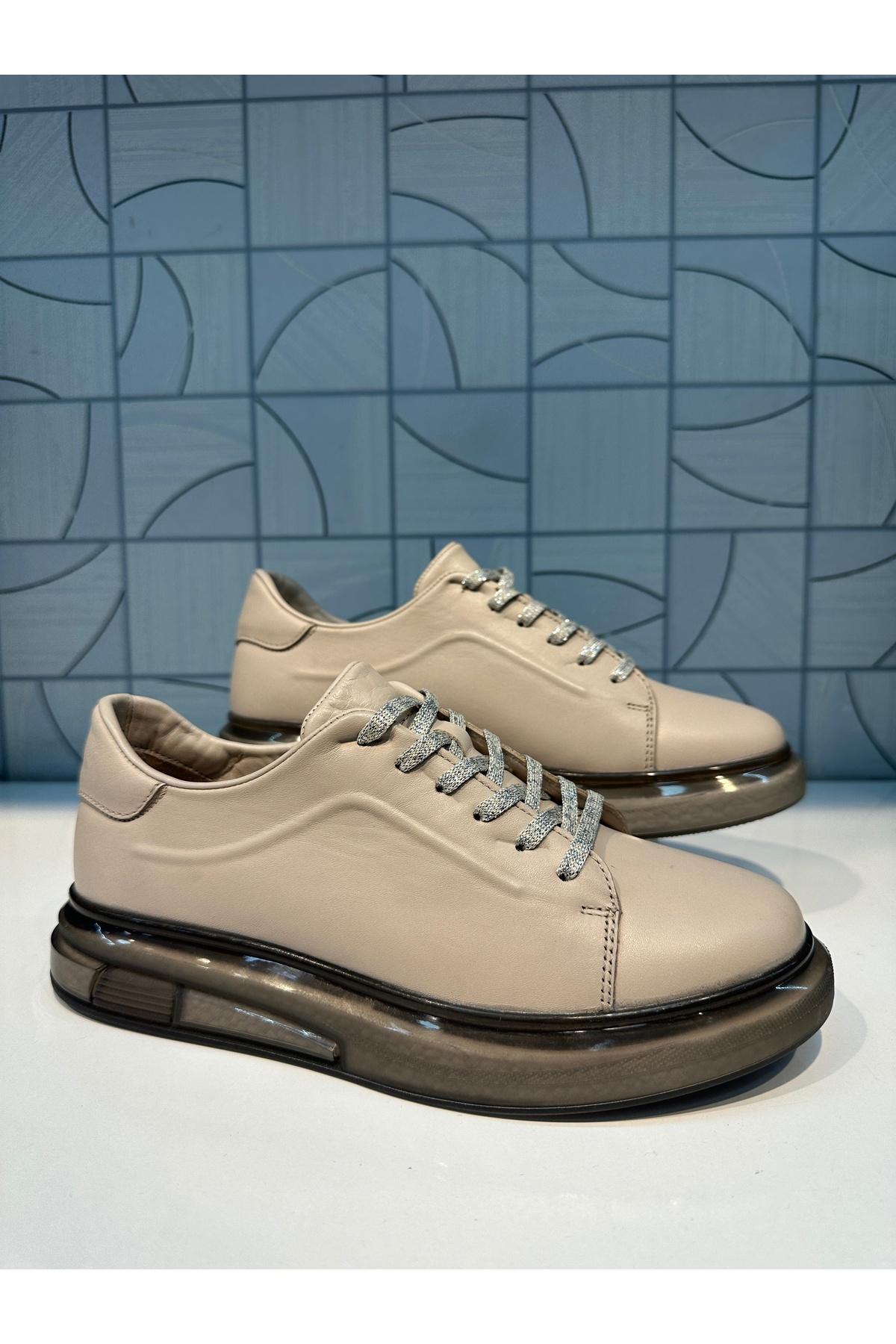 Barmea 2050 Kadın Genç BEJ Krem Şeffaf Taban Spor Ayakkabı Ortopedik Rahat Günlük Yürüyüş Ayakkabısı