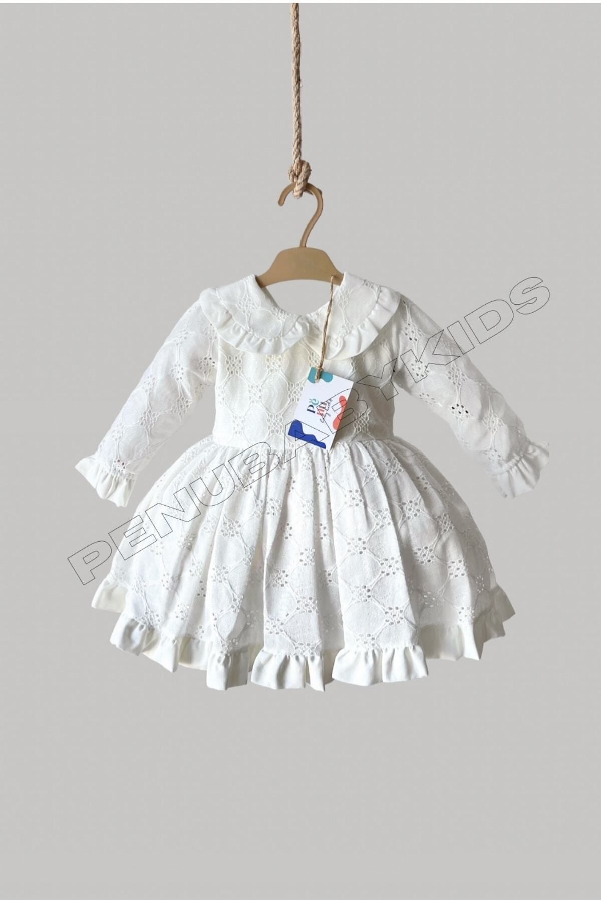Beyaz Fistolu Bebe Yaka Uzun Kol Kız Bebek Elbise - Angel