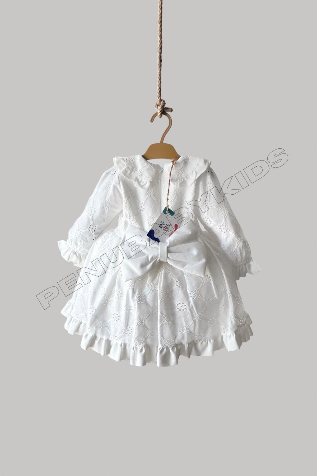 Beyaz Fistolu Bebe Yaka Uzun Kol Kız Bebek Elbise - Angel