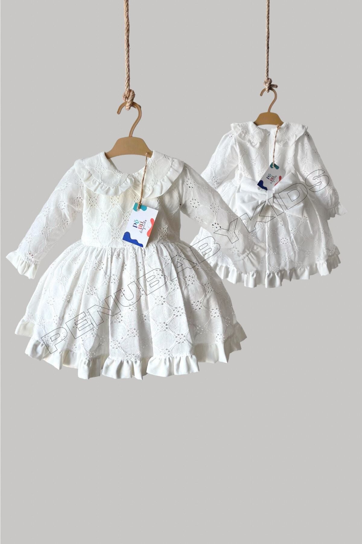 Beyaz Fistolu Bebe Yaka Uzun Kol Kız Bebek Elbise - Angel