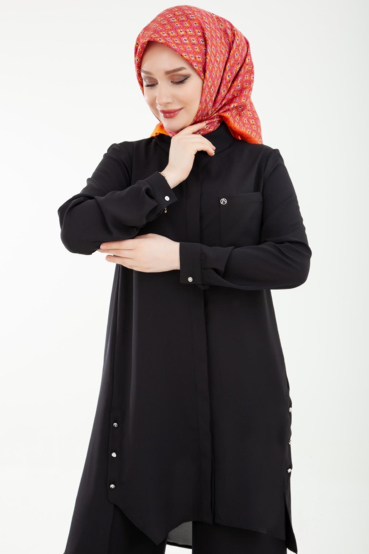 ARMİNE TREND Kadın Pantolonlu Beli Lastikli İkili Siyah Takım - 24YT629 - 