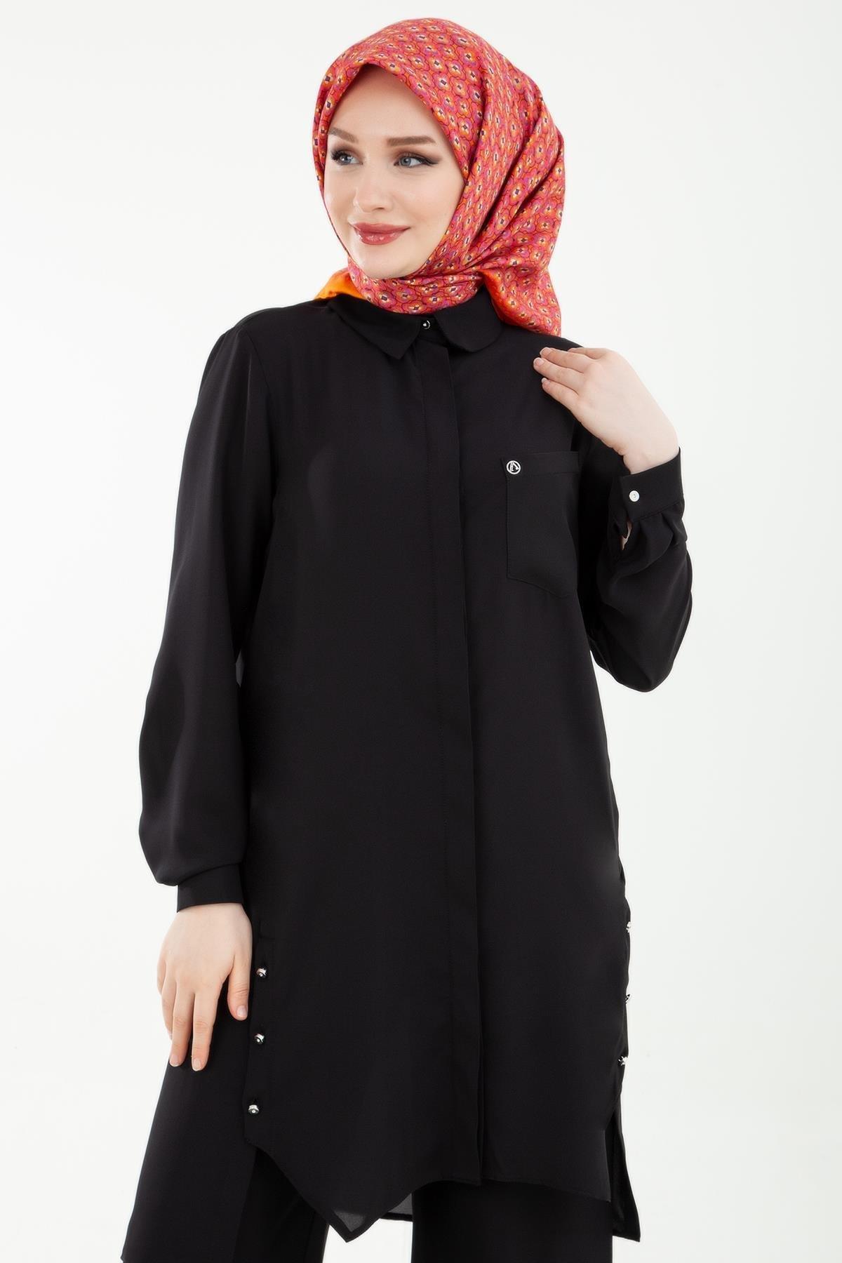 ARMİNE TREND Kadın Pantolonlu Beli Lastikli İkili Siyah Takım - 24YT629 - 