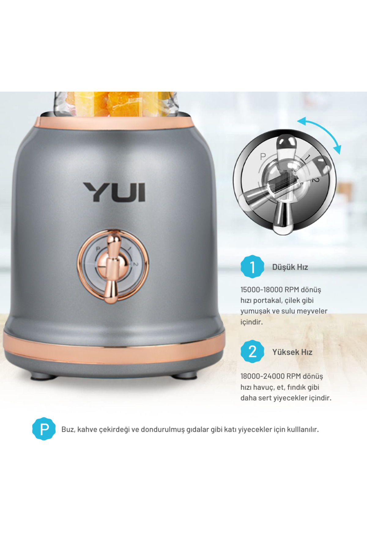 Yui Kişisel Smoothie Blender Retro Titanyum Gri, 450 ml Cam, 600 ml