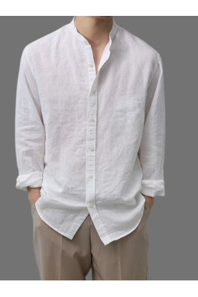 WAMOSSALAPLI Hakim Yaka Uzun Kollu Tam Düğmeli Keten Gömlek