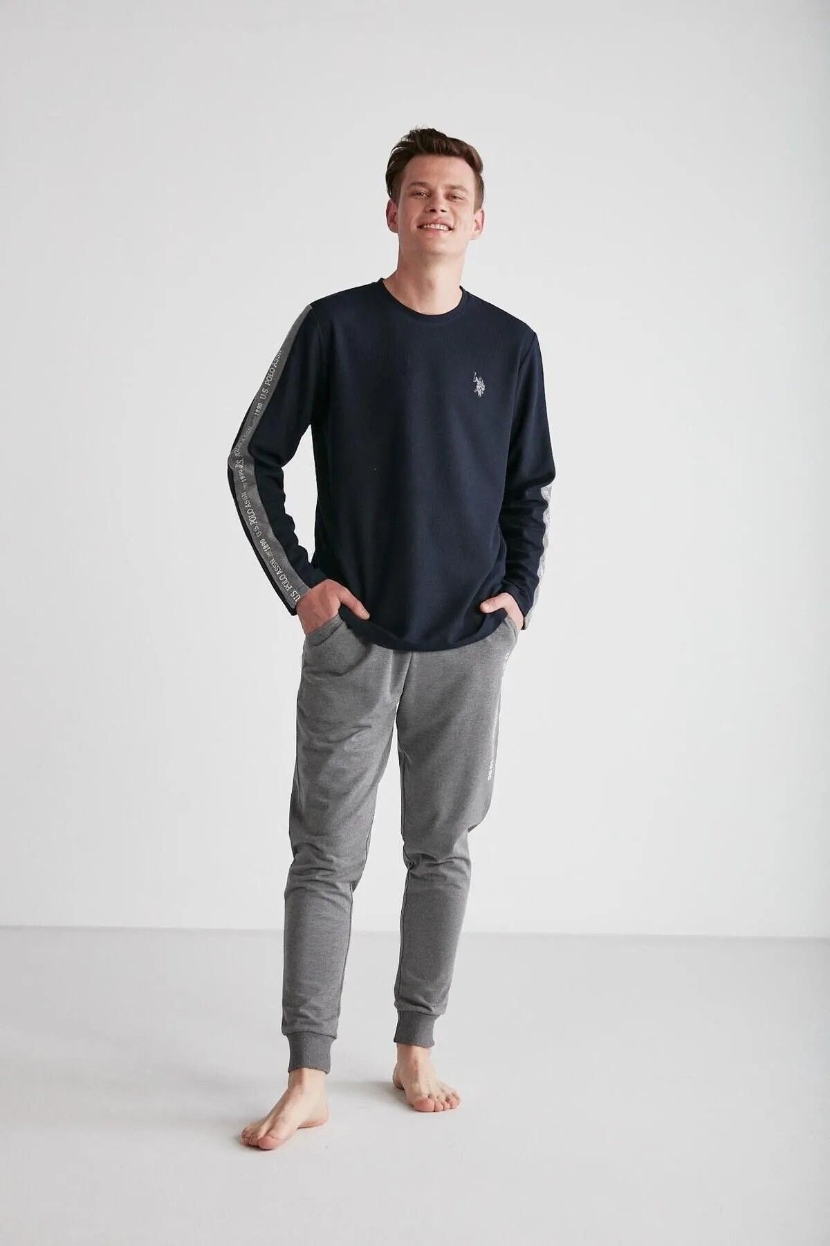 ست پیژامه آبی مردانه لباس خواب با جزئیات یقه گرد U.S. Polo Assn.