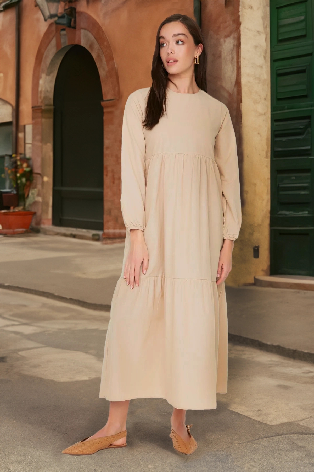 Trendyol Modest Бежева сукня з бавовняного тканого полотна з широким плетіння...