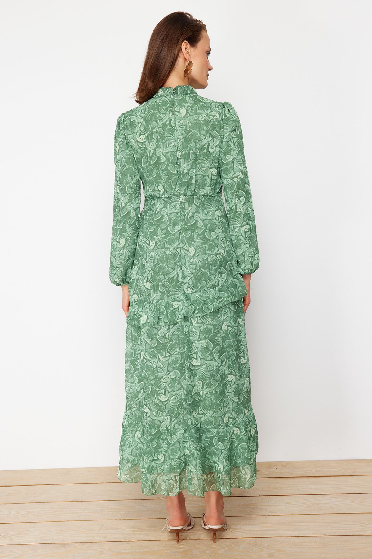 Trendyol Modest-Khaki květinová sukně s volánem, tkané šifonové šaty TCTSS23EB00160 6