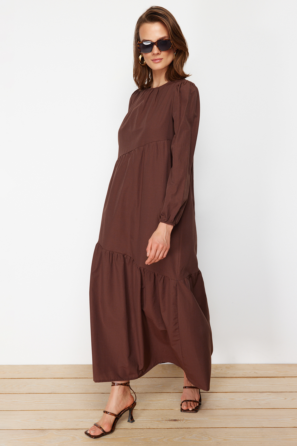 Trendyol Modest Brown Gather Detailed Crew Neck Poplin Woven Dress TCTSS21EL3470