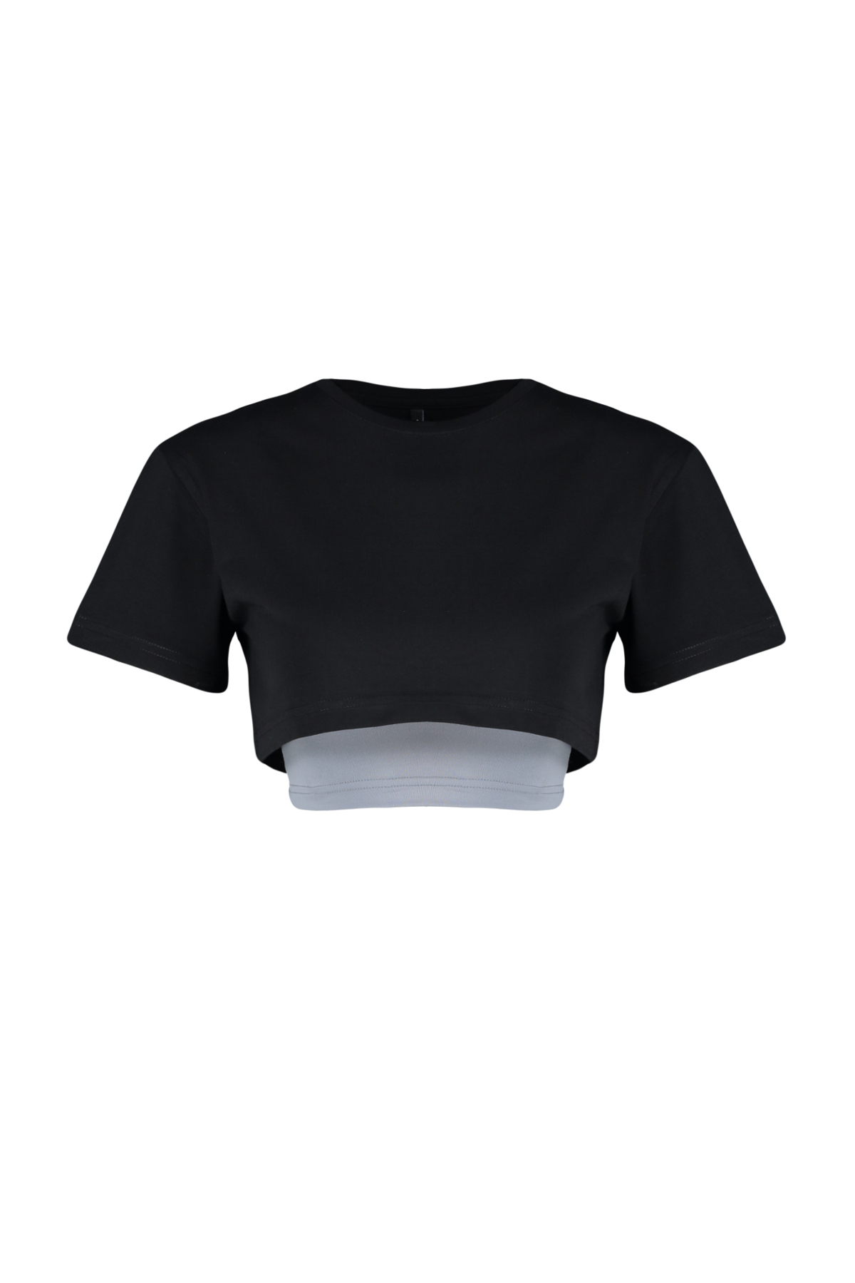 Trendyolmilla  Siyah Gri Melanj 2 Katmanlı Reflektör Baskılı Crop Örme Spor T-Shirt THMSS24TS00001 - Görsel 7