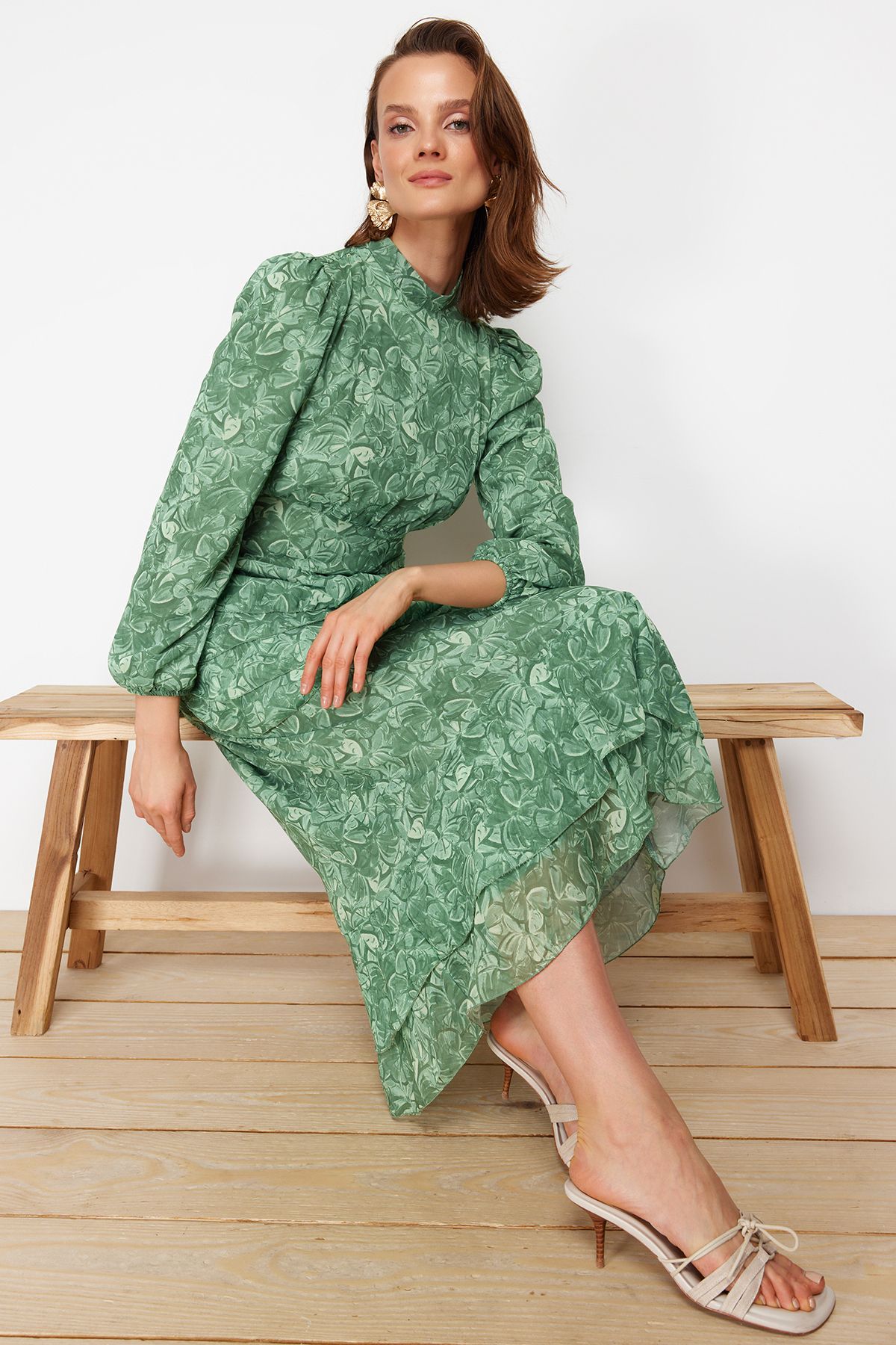 Trendyol Modest-Khaki květinová sukně s volánem, tkané šifonové šaty TCTSS23EB00160 3