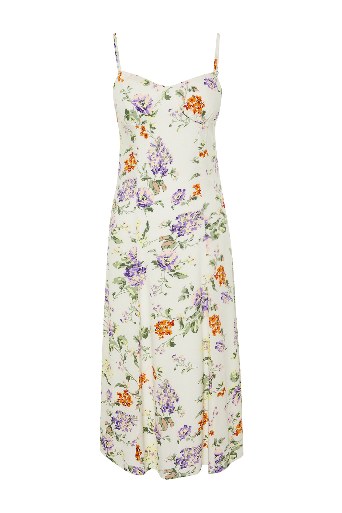 Trendyol Collection-Bílé květinové vzorované midi tkané šaty s podšívkou v pase TWOSS24EL00446 7