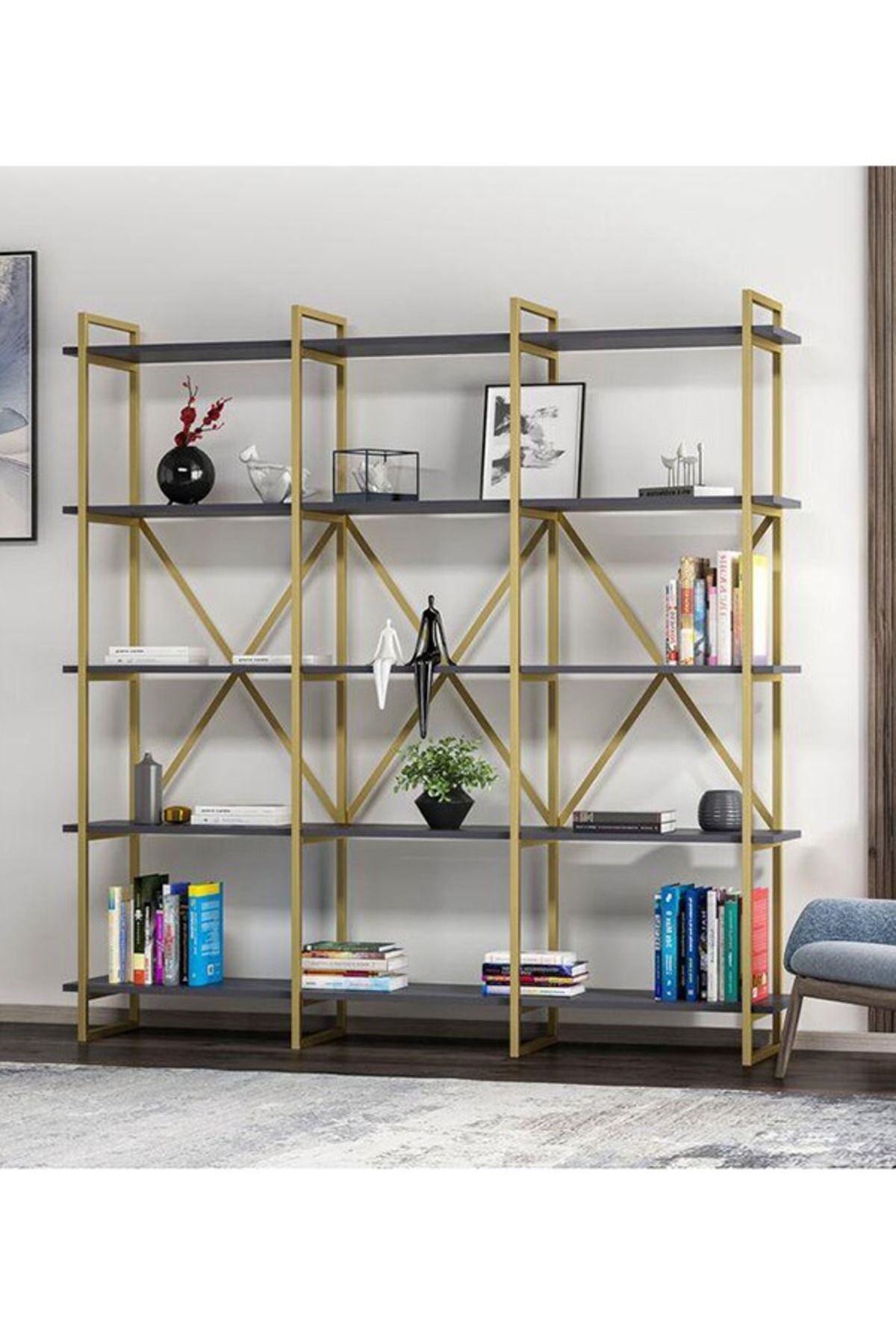 Atlas 175x170 Tasarım 5 Raflı Geniş Kitaplık Aksesuar Rafı