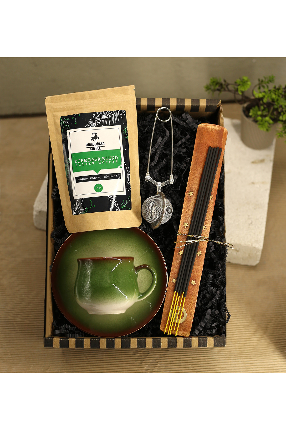 Vintage Cup & Filter Coffee & Tea Plant Tongs Strainer & Incense Plate & Incense Gift Set