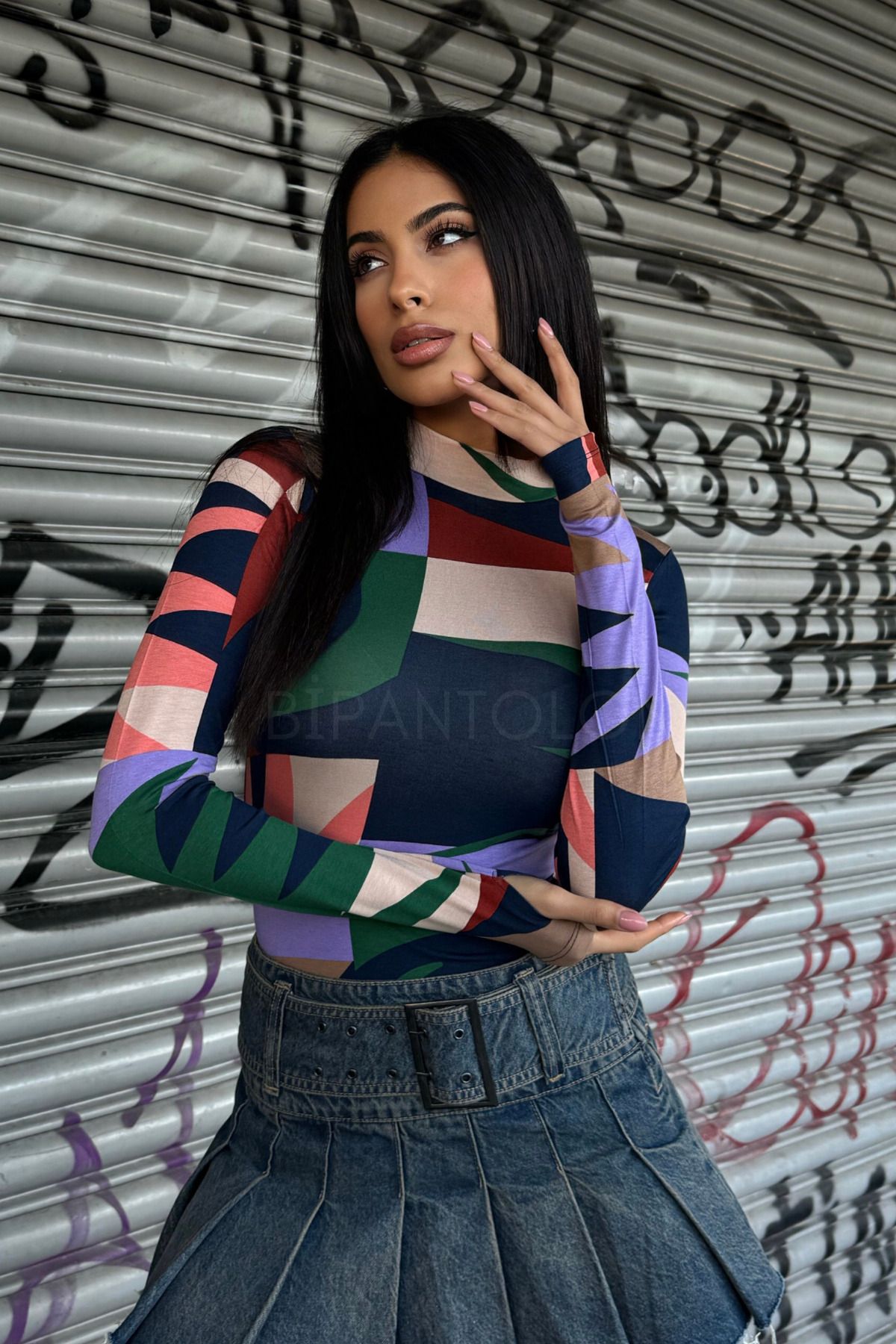 Bipantolon-Body de damă, multicolor, cu modele asimetrice, cu detalii de degete 1