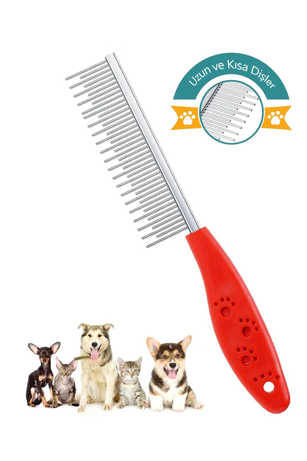Kedi Köpek Tüy Açma Tarağı Kıtık Topak Açıcı Ergonomik Plastik Saplı Tek Taraflı Bakım Metal Tarak