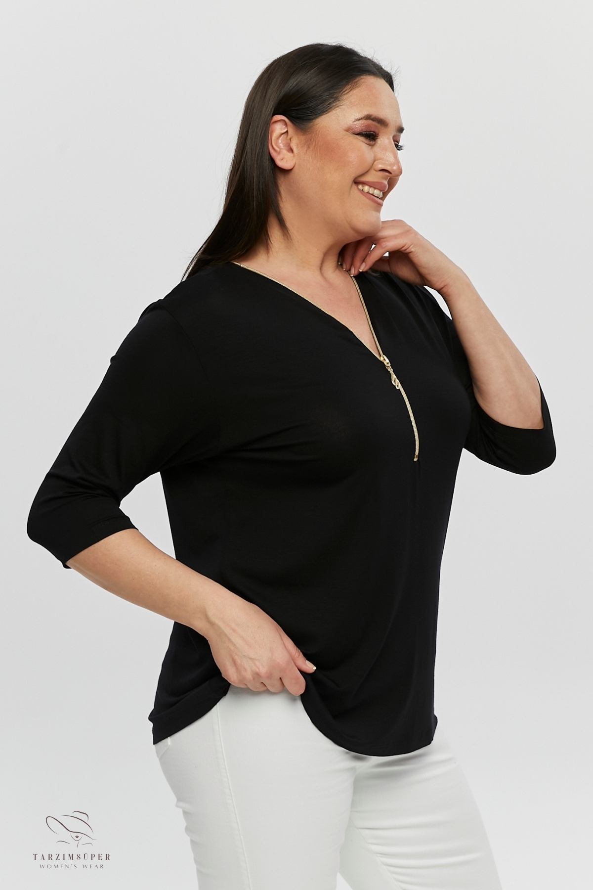 tarzımsüper  Büyük Beden Yeni Sezon Kapri Kol Bluz Fermuarlı Konfor Modeli V Yaka 4 Mevsim Anne Günlük Şık Bluz - Görsel 5