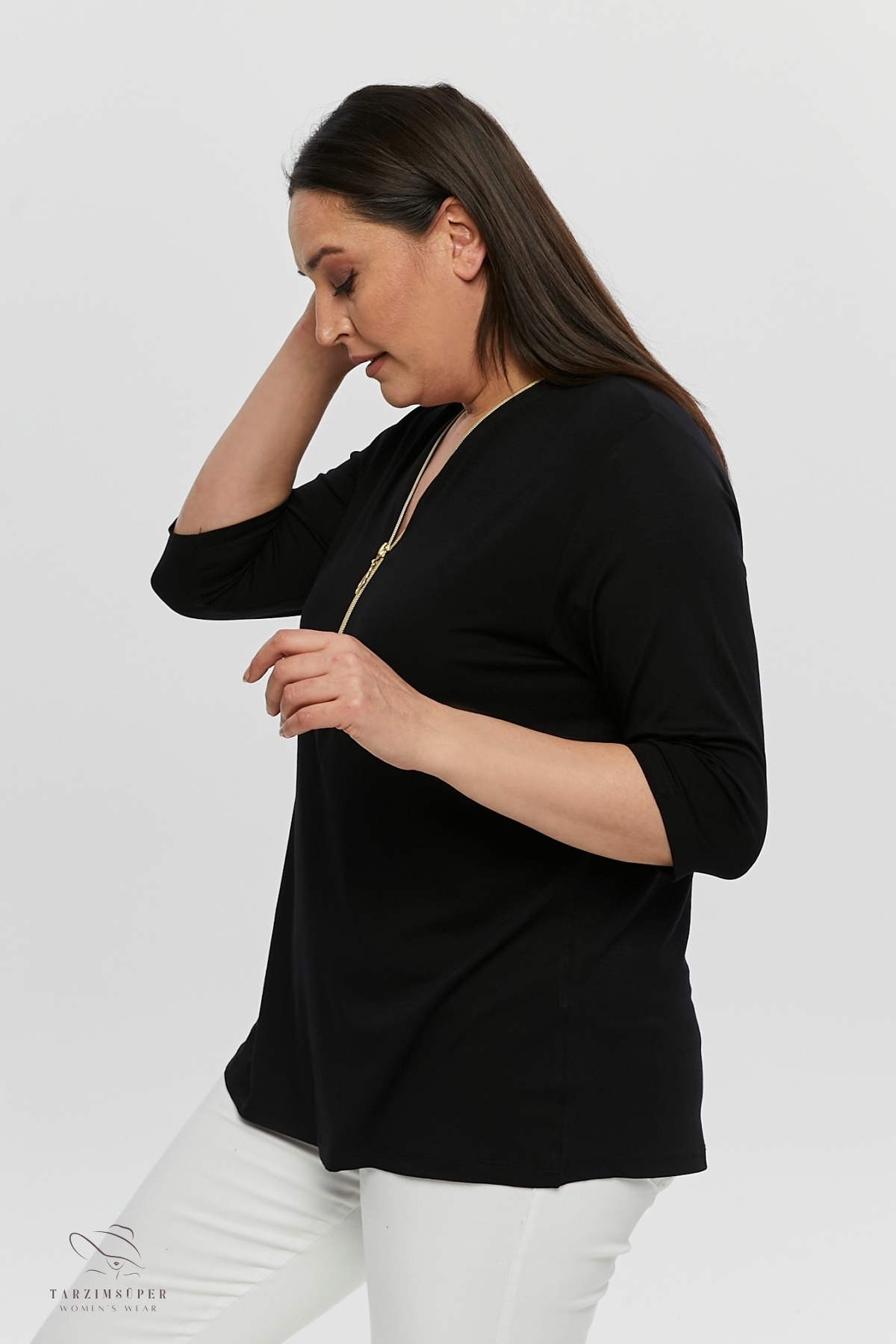 tarzımsüper  Büyük Beden Yeni Sezon Kapri Kol Bluz Fermuarlı Konfor Modeli V Yaka 4 Mevsim Anne Günlük Şık Bluz - Görsel 8