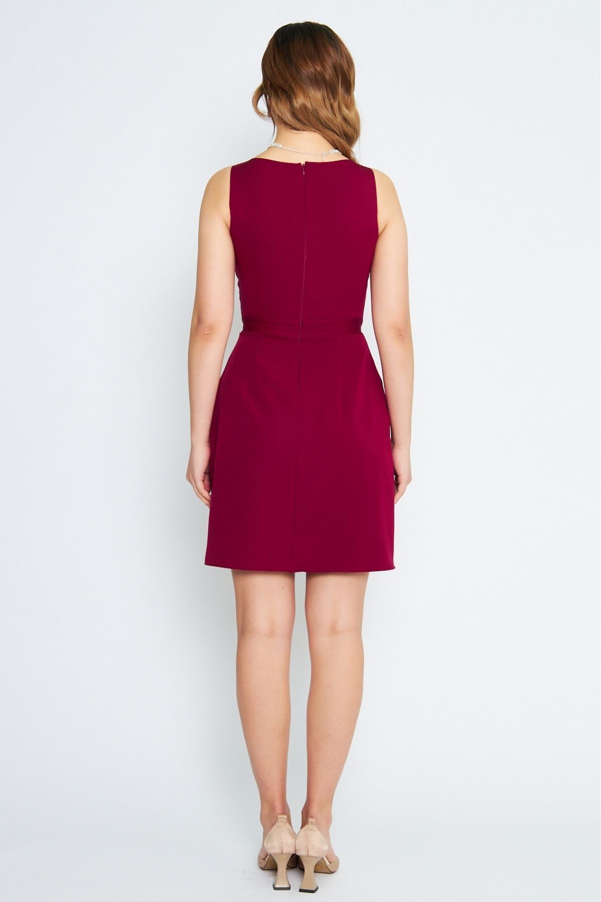 NO48-Rochie Roșie Mini Claret, cu bretele late, cu guler pătrat 8