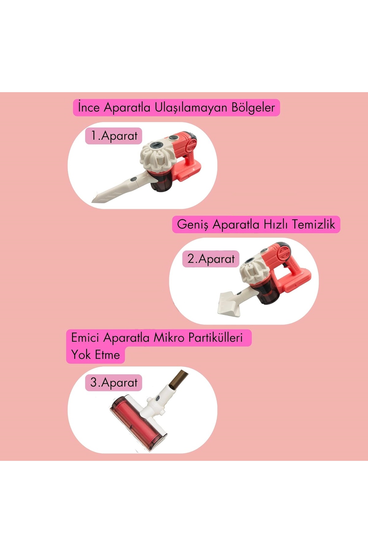 Dikey Süpürge Seti 3 Başlıklı Pilli Sesli Set Pembe
