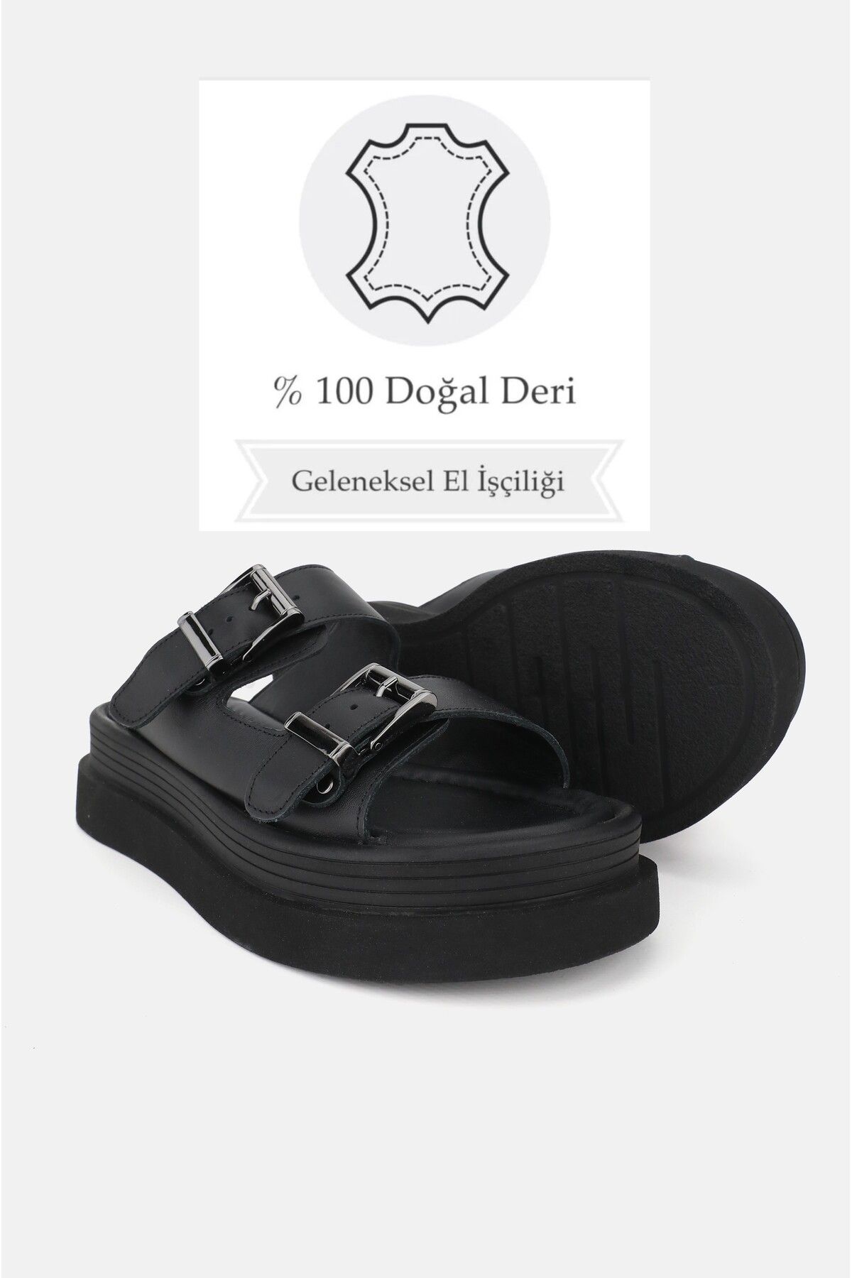 TUNAELLİ-Papuci de damă, negri, din piele naturală, cu toc plat, cu cataramă 3