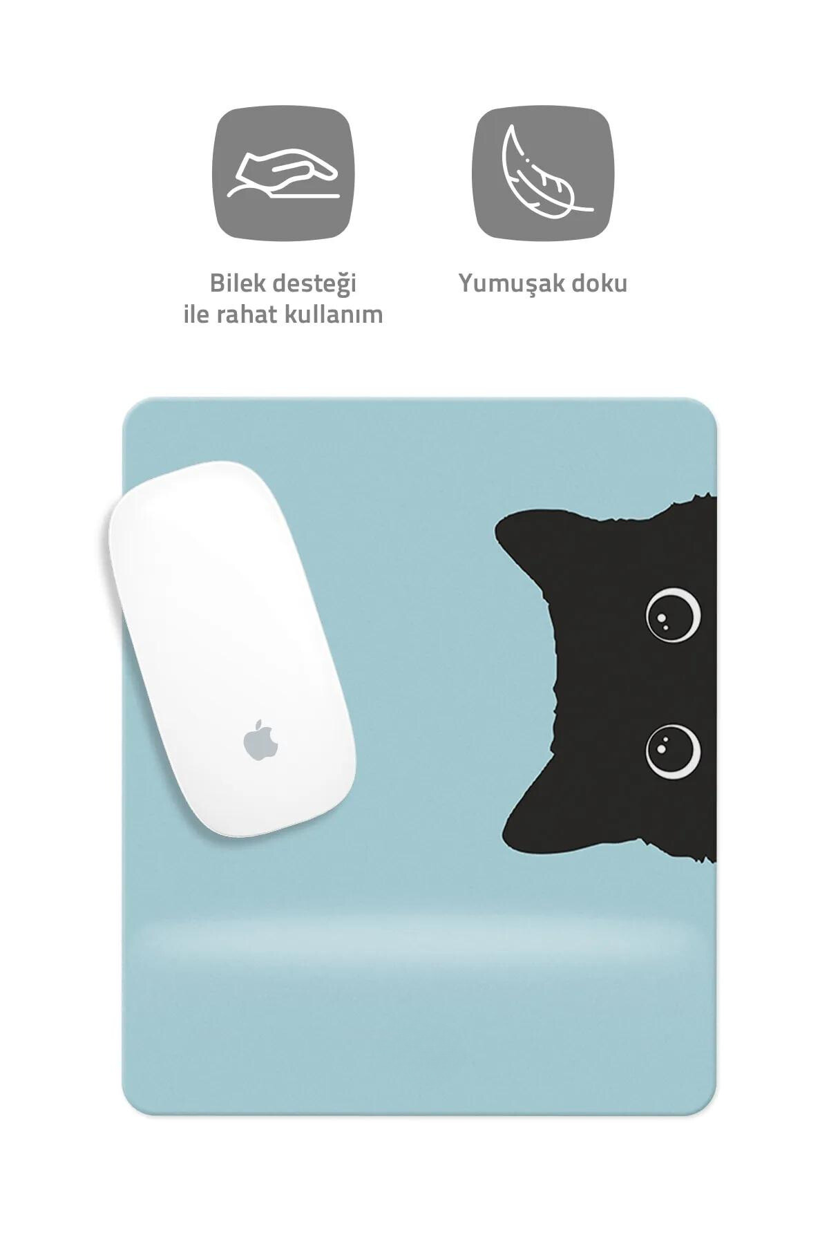 Jel Dolgulu Pvc Yüzey Mavi Kedi Çizimli Bilek Destekli Dikdörtgen Mouse Pad Mouse Altlığı. 2