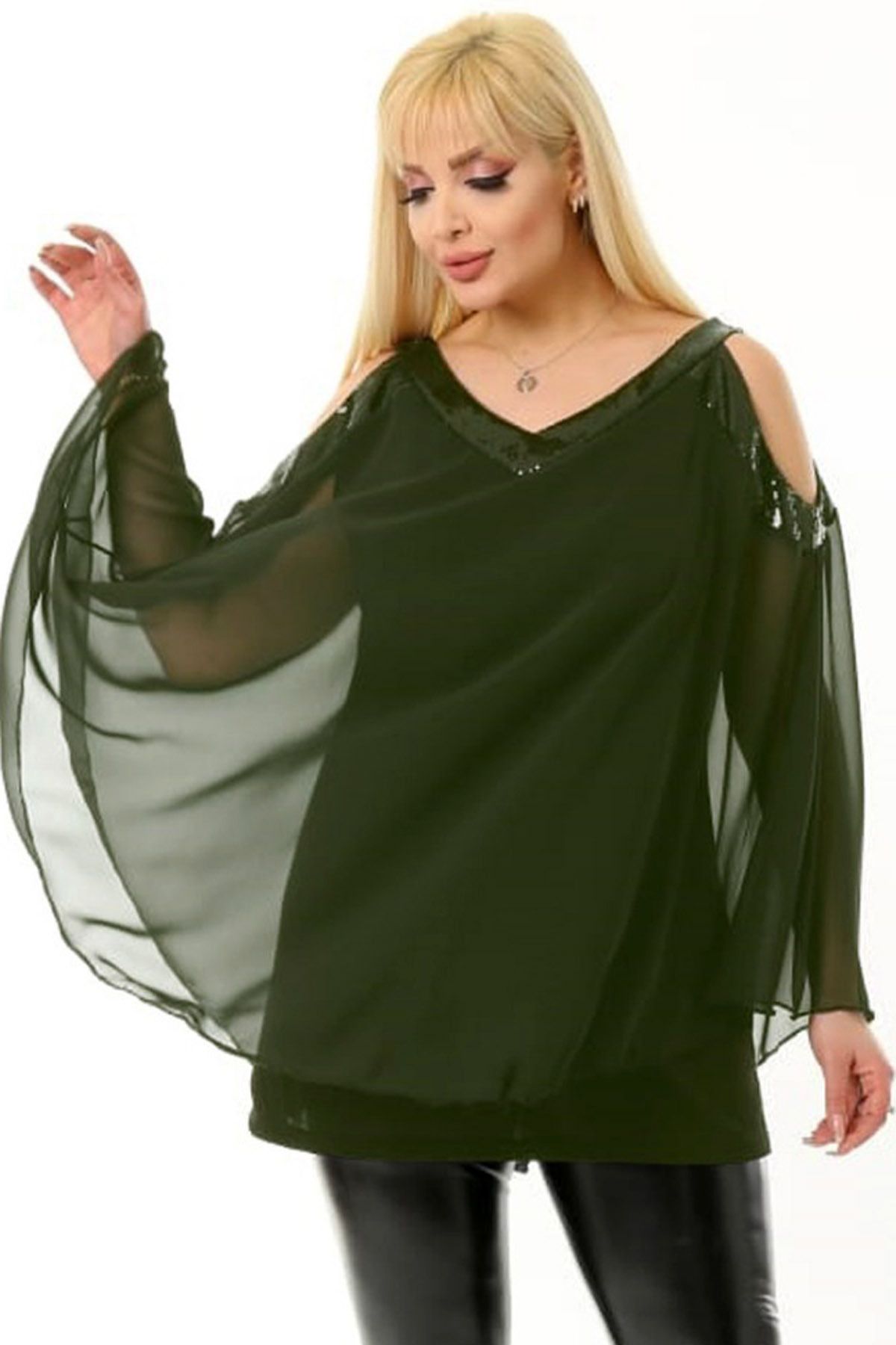 Kheos-Cool and Stylish Tulle Chiffon Blouse with Off-Shoulder V-Neck Shoulder and Collar Sequin Sequin Lining 6