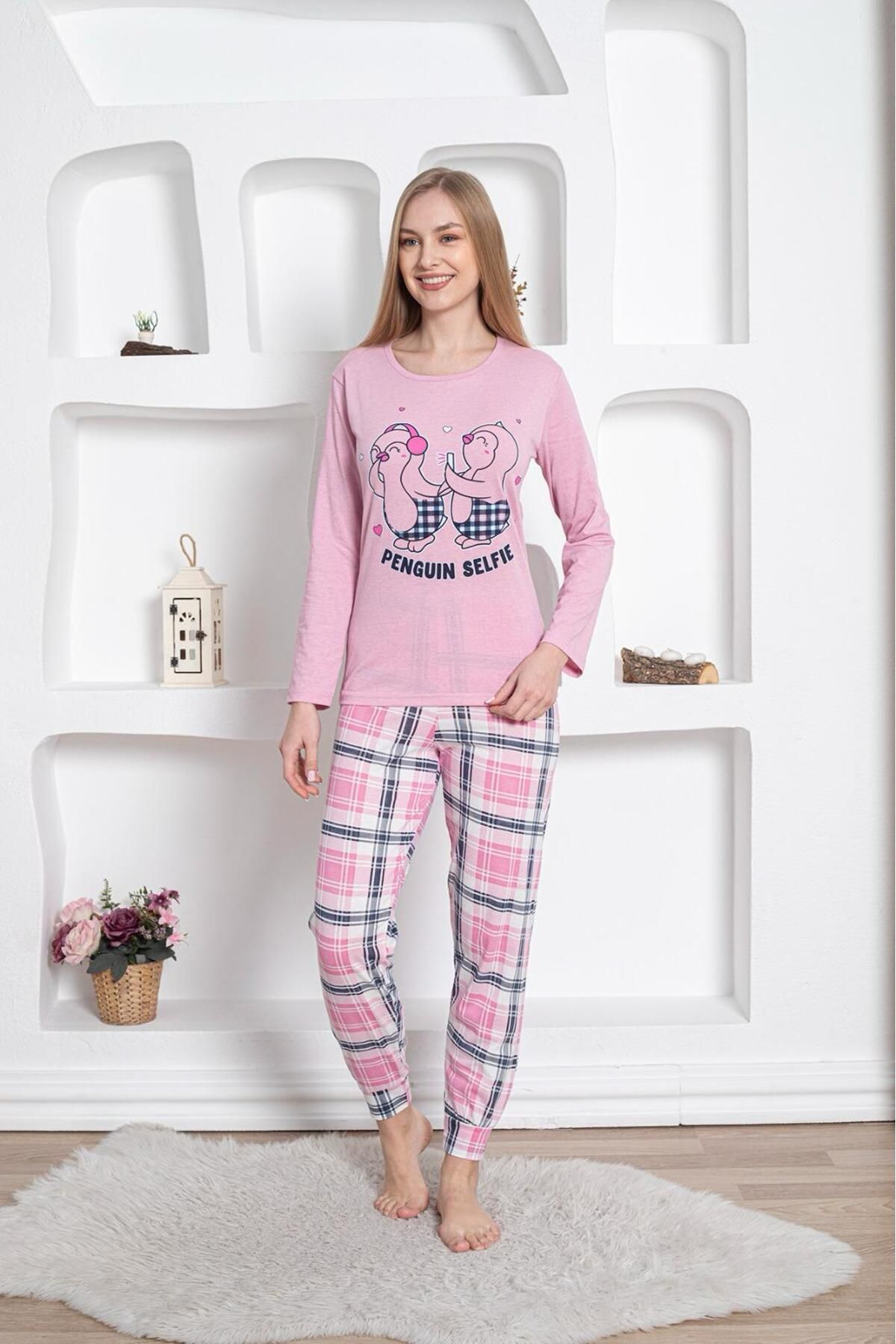 Farya Home-Set de pijamale Dreamy din bumbac, cu mânecă lungă, cu model, cu picioare cu manșete 1