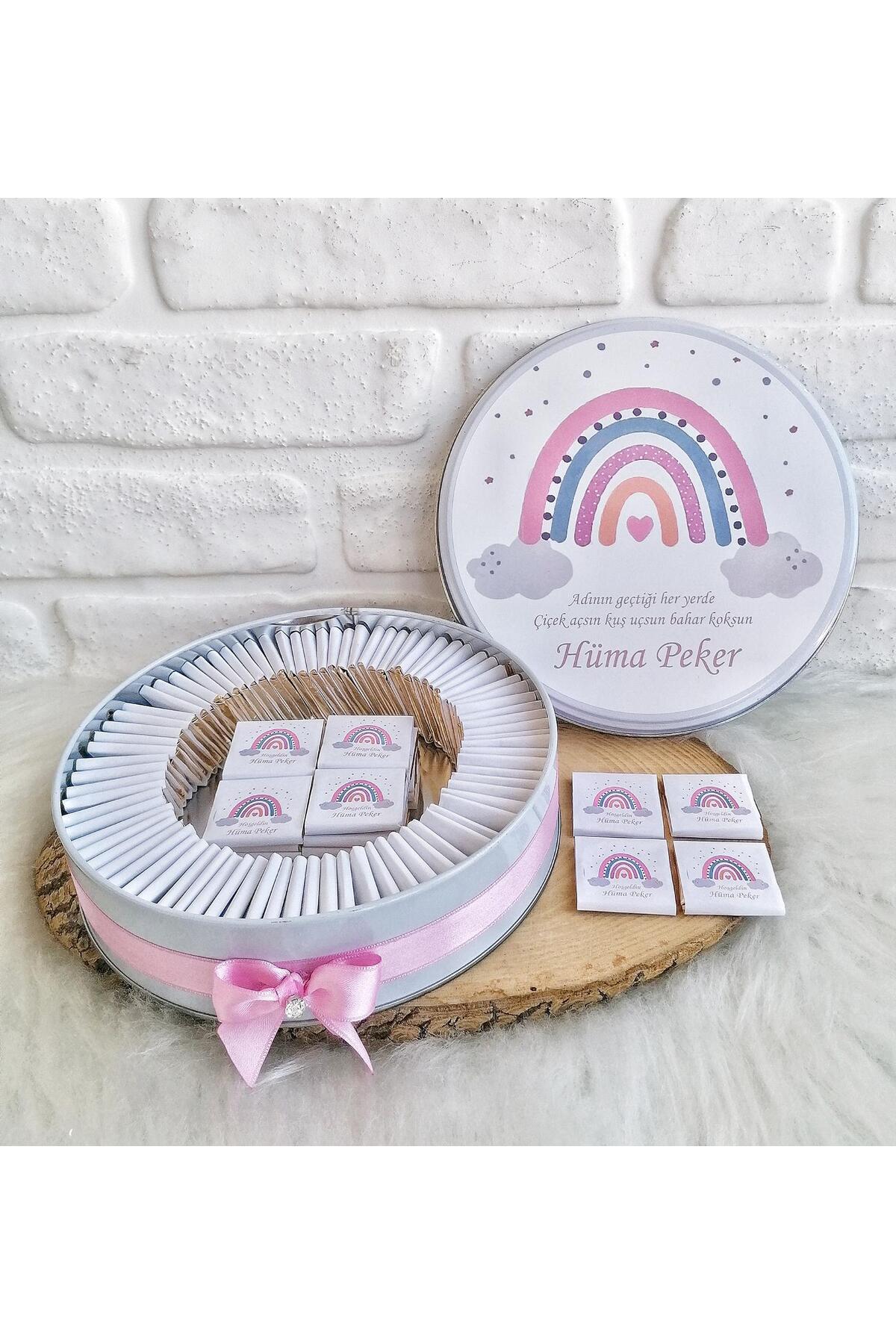 BUGİTO 80 Adet Pembe Gökkuşağı Temalı İsme Özel Hoşgeldin Kız Bebek Doğum Günü Hediyelik Çikolata fotoğrafı 5 (önizleme)