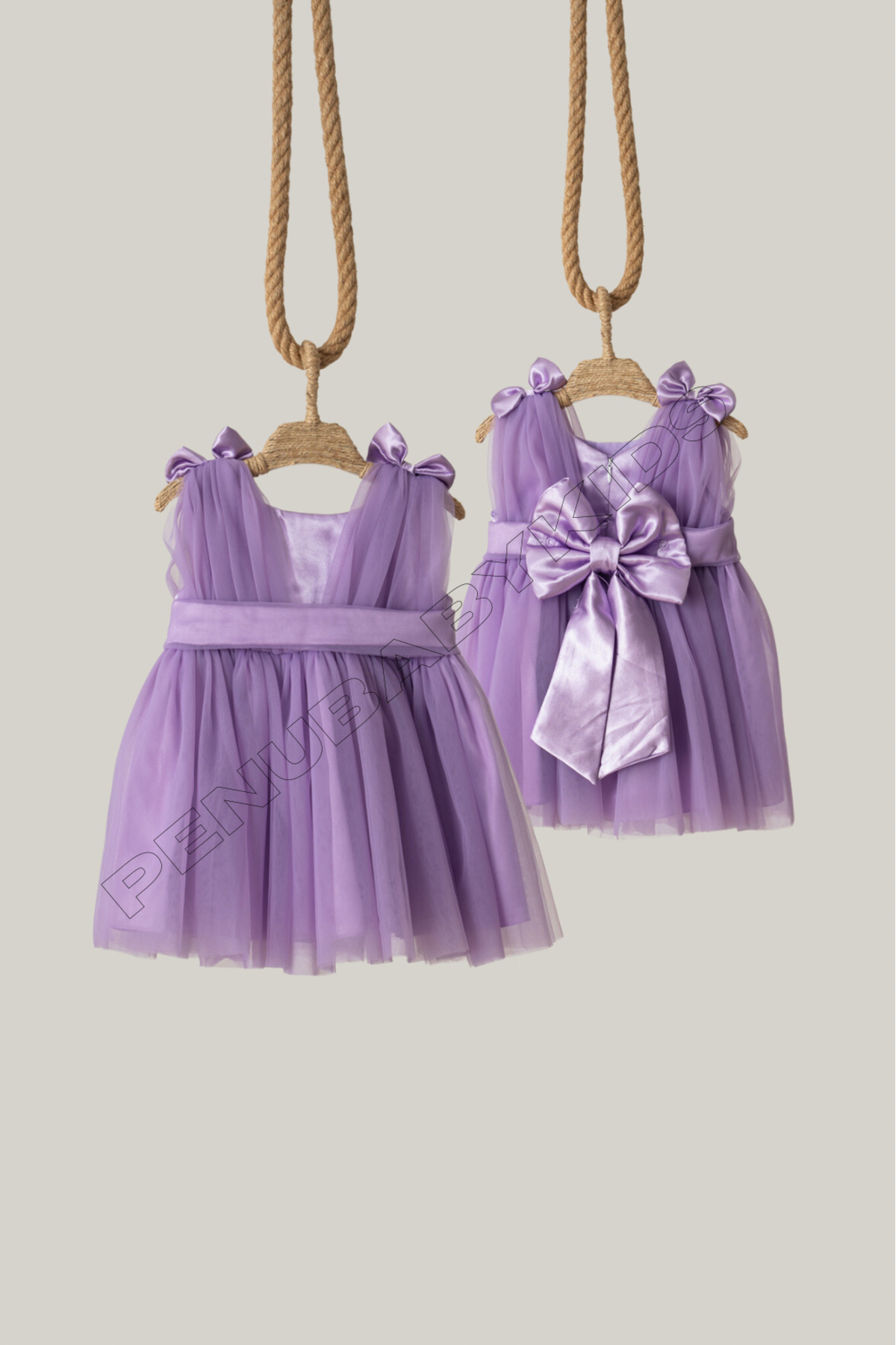 penu baby kids Lila Üstü Saten Arkası Büyük Fiyonk Omuzdan Küçük Fiyonk Detaylı Tül Kız Çocuk Kız Bebek Elbise fotoğrafı 5 (önizleme)