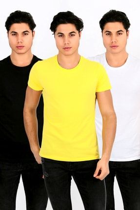 Erkek Siyah-Beyaz-Sarı Basic T-shirt 3'lü PLMN0002215