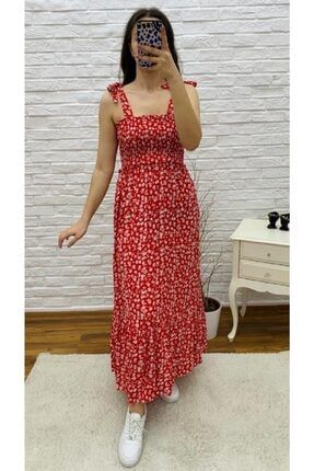 Kadın Kırmızı Gipeli Askılı Viskon Elbise REY8142