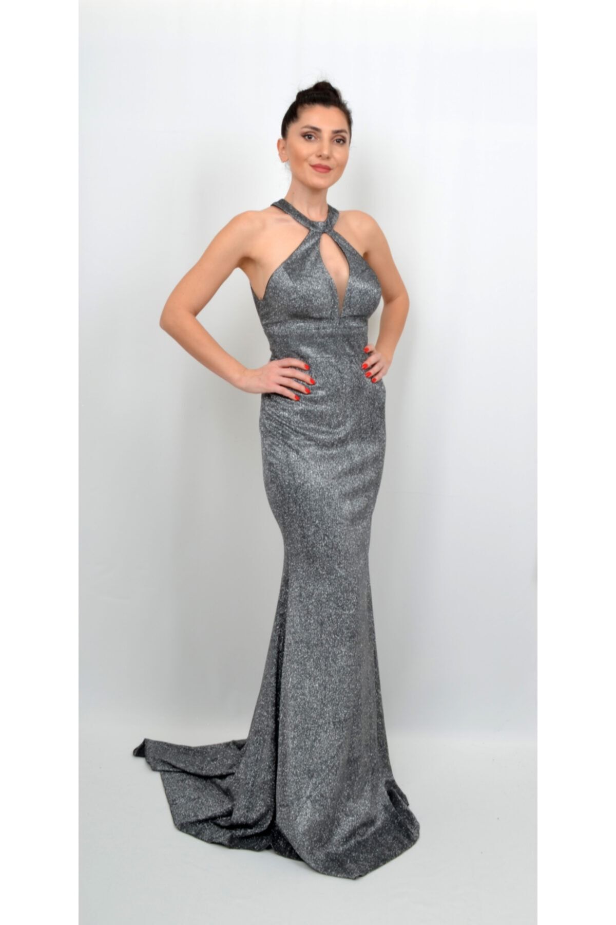 ALIS DRESS Женское блестящее вечернее платье серого цвета со спинкой AL-0615 GREY