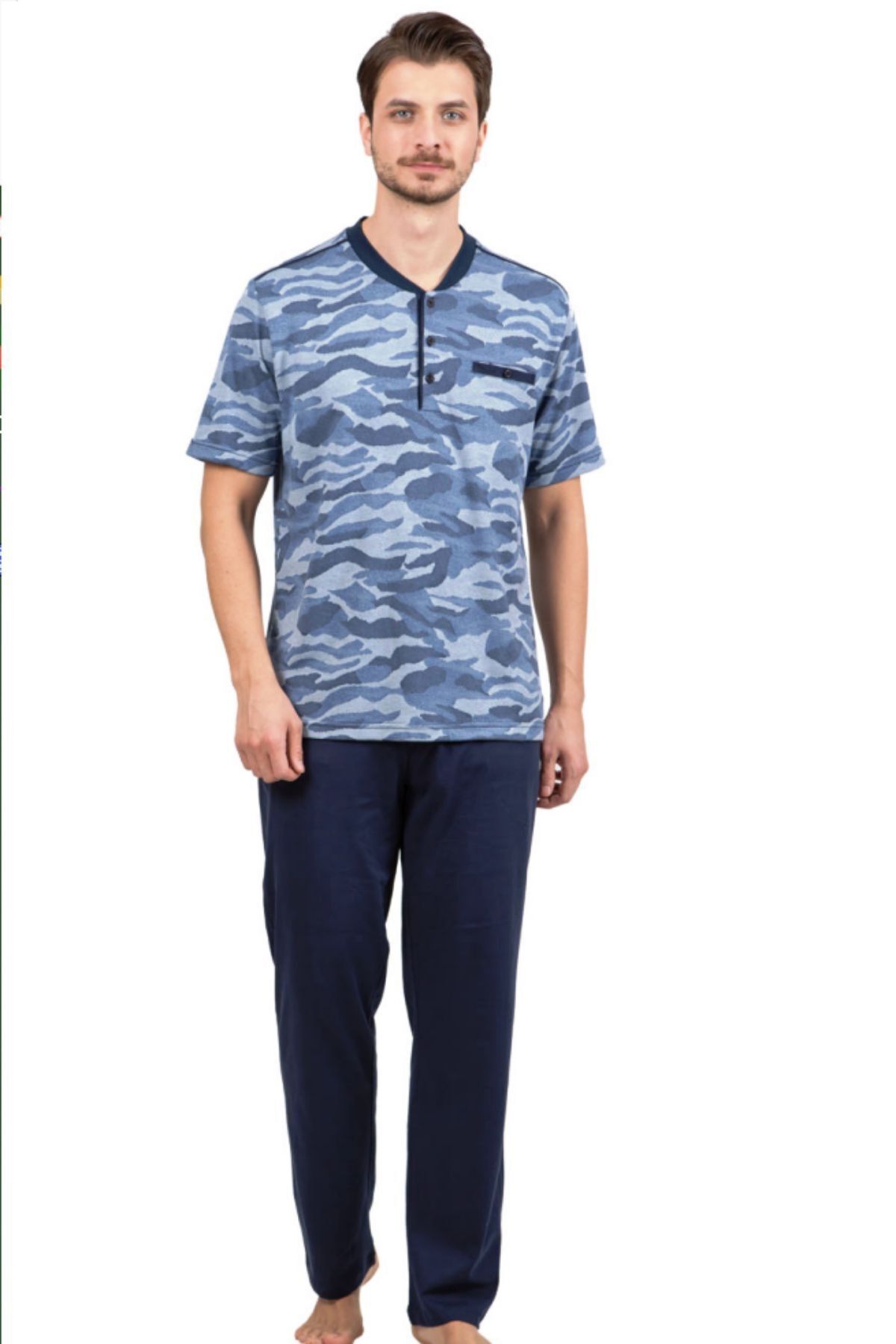 Çift Kaplan-Men's Jacquard Short Sleeve Patchwork Pajama Set 8814 1