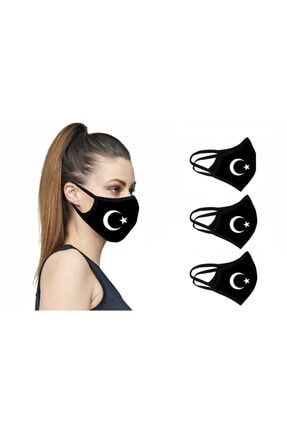 Yıkanabilir Dikişli Nano Maske Siyah Ve Bayrak Baskısı Ile 3 Adet FP01KI3
