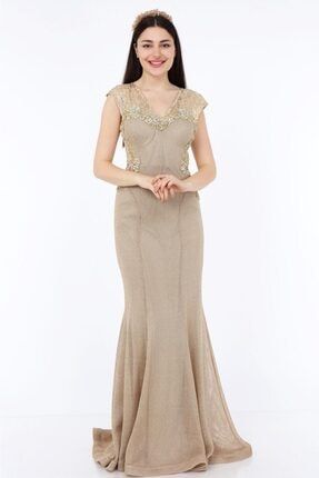 Kadın Gold Likralı Kumaş Balık Model Abiye Elbise TYC00161445797