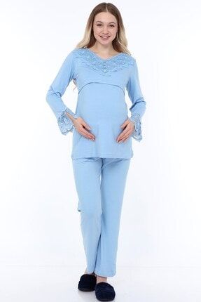9511 - Dantelli Düğmeli Flaplı Hamile Pijama Takımı - Mavi MYRA9511