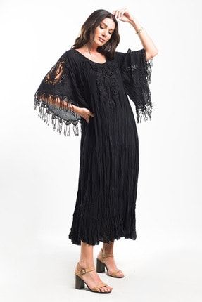 Kadın Siyah Otantik Vual Pamuk Gipür Detaylı İspanyol Kol Maksi Elbise SK2021-2037
