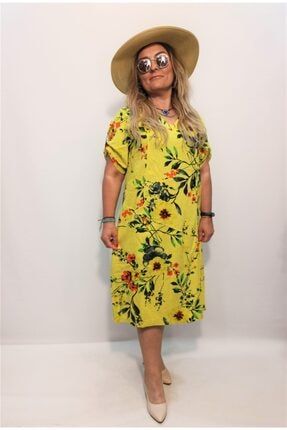 Kadın Sarı Çiçek Desenli Keten Elbise 401