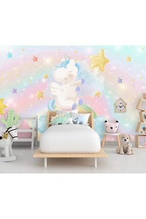Gökkuşağı Üzerinde Unicorn Çocuk Odası Duvar Kağıdı COCUK-491