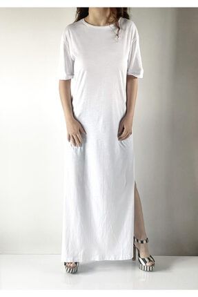 Kadın Beyaz Maxi Yırtmaçlı Tshirt Elbise ubmte31