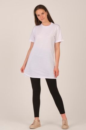 Kadın Beyaz Kısa Kollu Bisiklet Yaka Uzun T-shirt 5530T