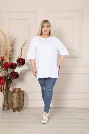 Kadın Beyaz Renk Büyük Beden Salaş Model Pamuklu Kumaş Yandan Yırtmaçlı T.shirt gul95