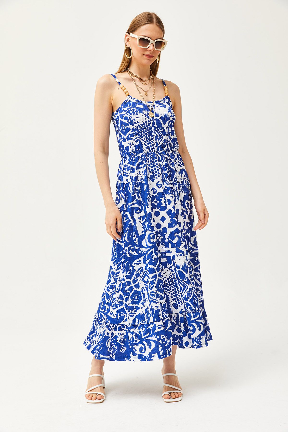 Olalook-Geometrisches blaues Midikleid für Damen mit Holzaccessoires und elastischer Taille ELB-19002101 2