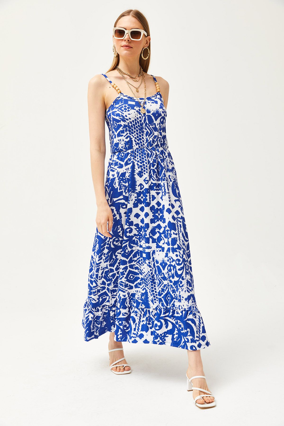Olalook-Geometrisches blaues Midikleid für Damen mit Holzaccessoires und elastischer Taille ELB-19002101 3