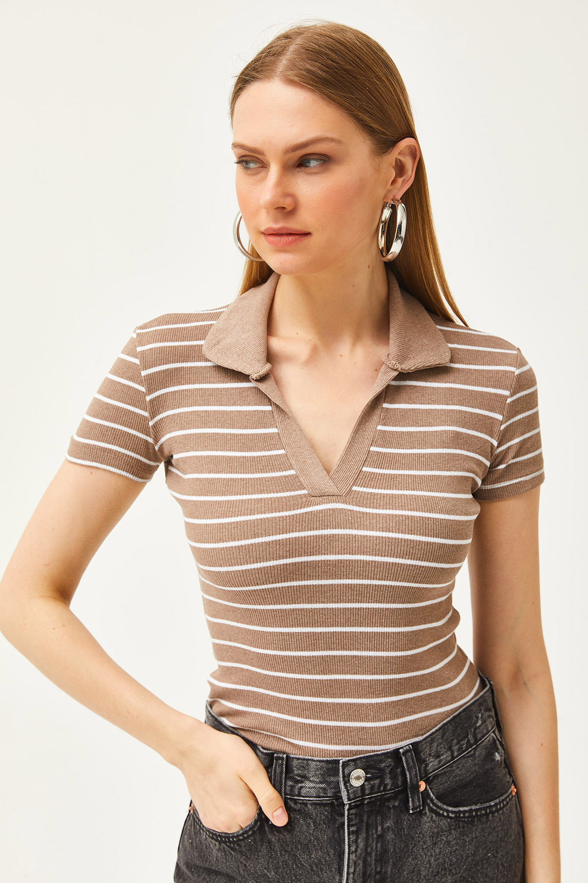 Olalook  Kadın Çizgili Vizon Polo Yaka Örme Bluz BLZ-19002563 - Görsel 3