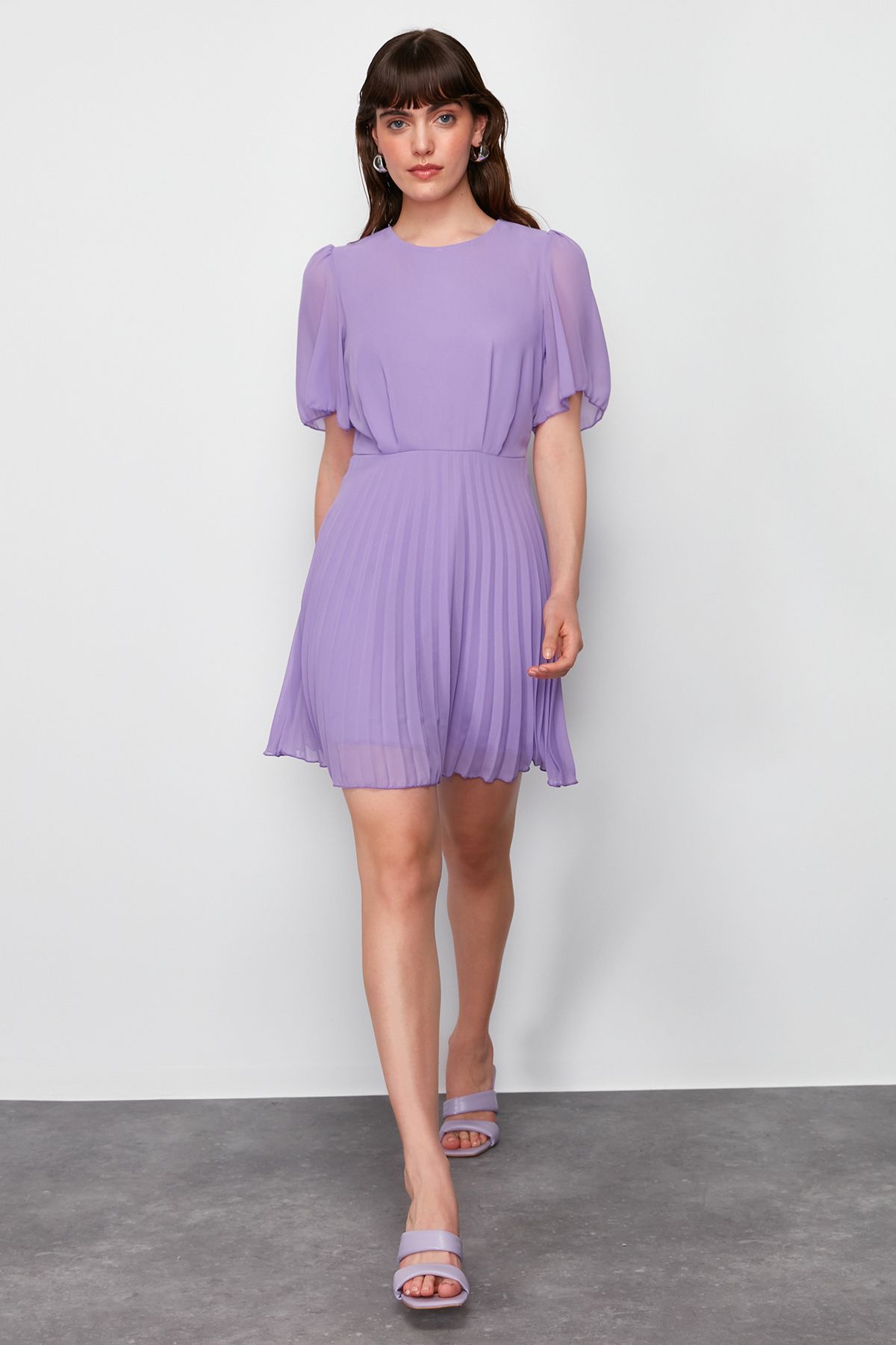 Trendyol Collection Fioletowa Spódnica Z Plisowaną Podszewką, Szyfonowa Mini Sukienka Kobieta - 36